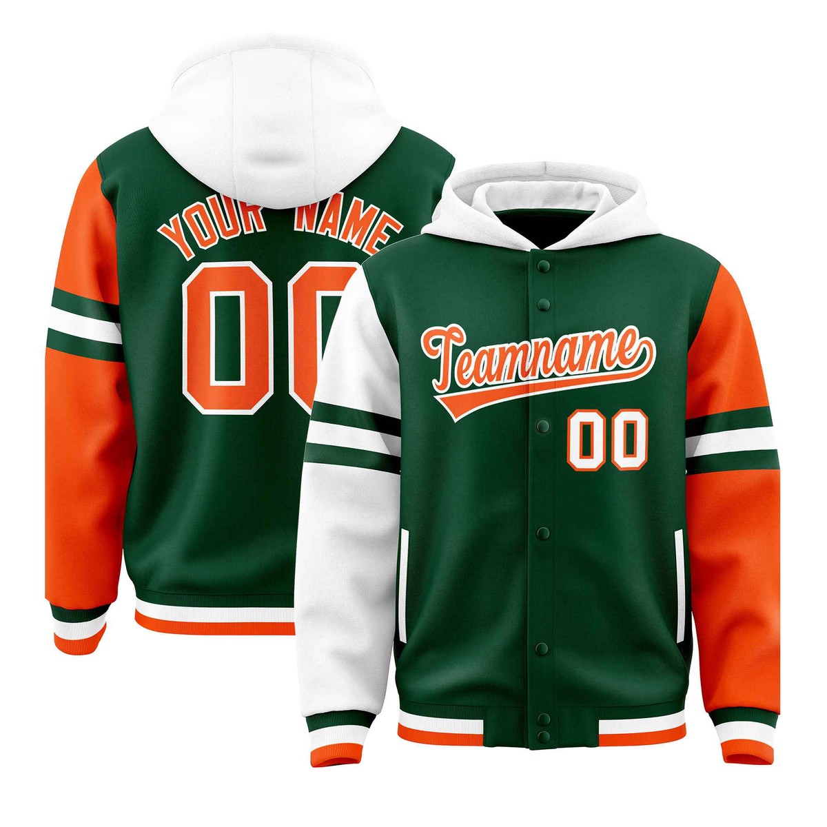 Custom Green White-Orange Raglan Sleeves Varsity Full-Snap Letterman Three Stripes Jacket Hoodie